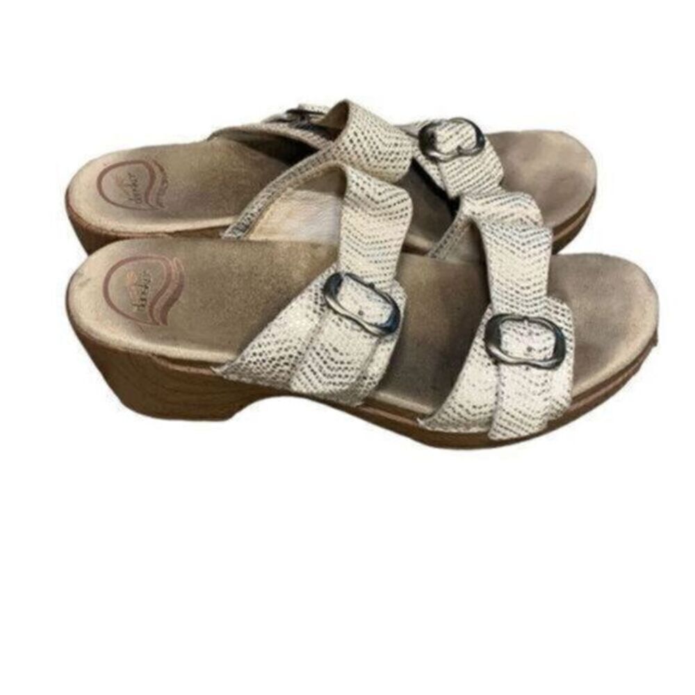 Dansko cream & gold heeled wedge slide on sandals size 9